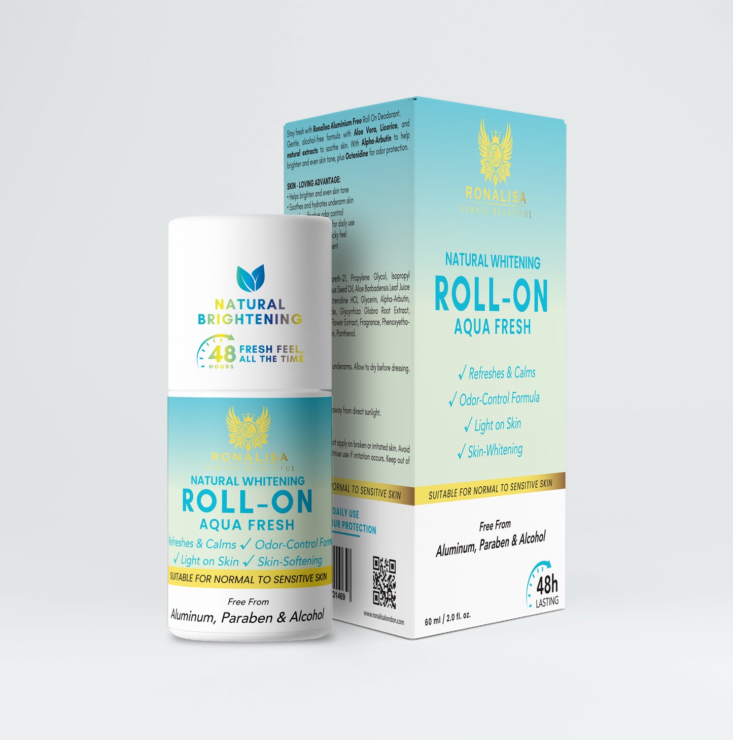 Aqua Fresh Whitening Roll-On with Alpha Arbutin and Licorice for underarm dark spot reduction and long-lasting freshness