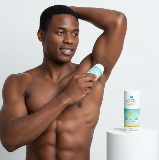 Model applying Ronalisa roll-on deodorant to underarm with product bottle displayed beside him.