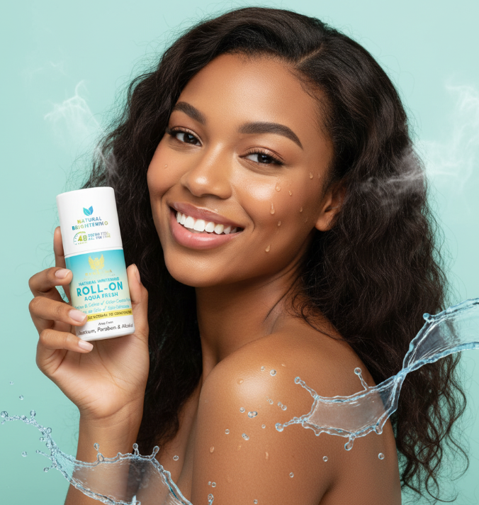 Model holding Aqua Fresh Whitening Roll-On for underarm brightening, cooling freshness, and skin hydration made with Alpha Arbutin and Licorice for long-lasting freshness 