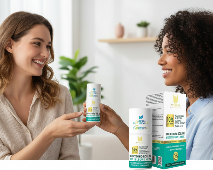 Two women smiling while holding Ronalisa Brightening Roll-On, showcasing underarm brightening and pigmentation care.