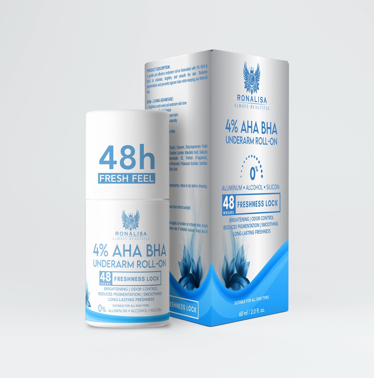 Ronalisa 4% AHA BHA Underarm Roll-On deodorant shown with packaging, featuring 48-hour freshness and pigmentation control.”