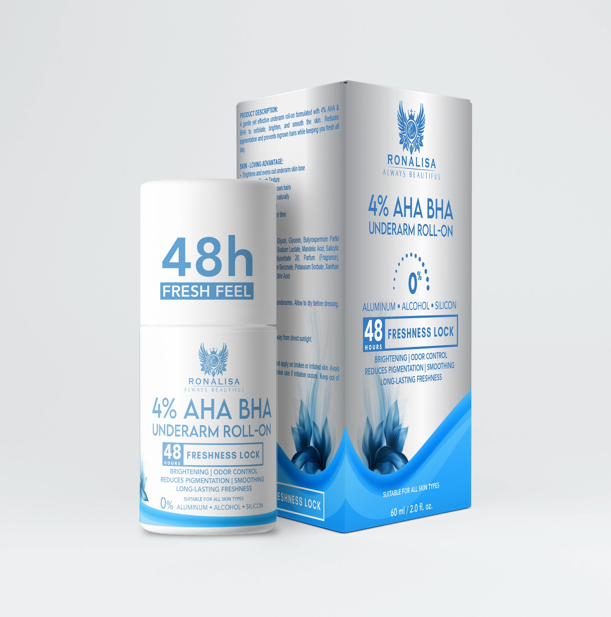 Ronalisa 4% AHA BHA Underarm Roll-On deodorant shown with packaging, featuring 48-hour freshness and pigmentation control.”