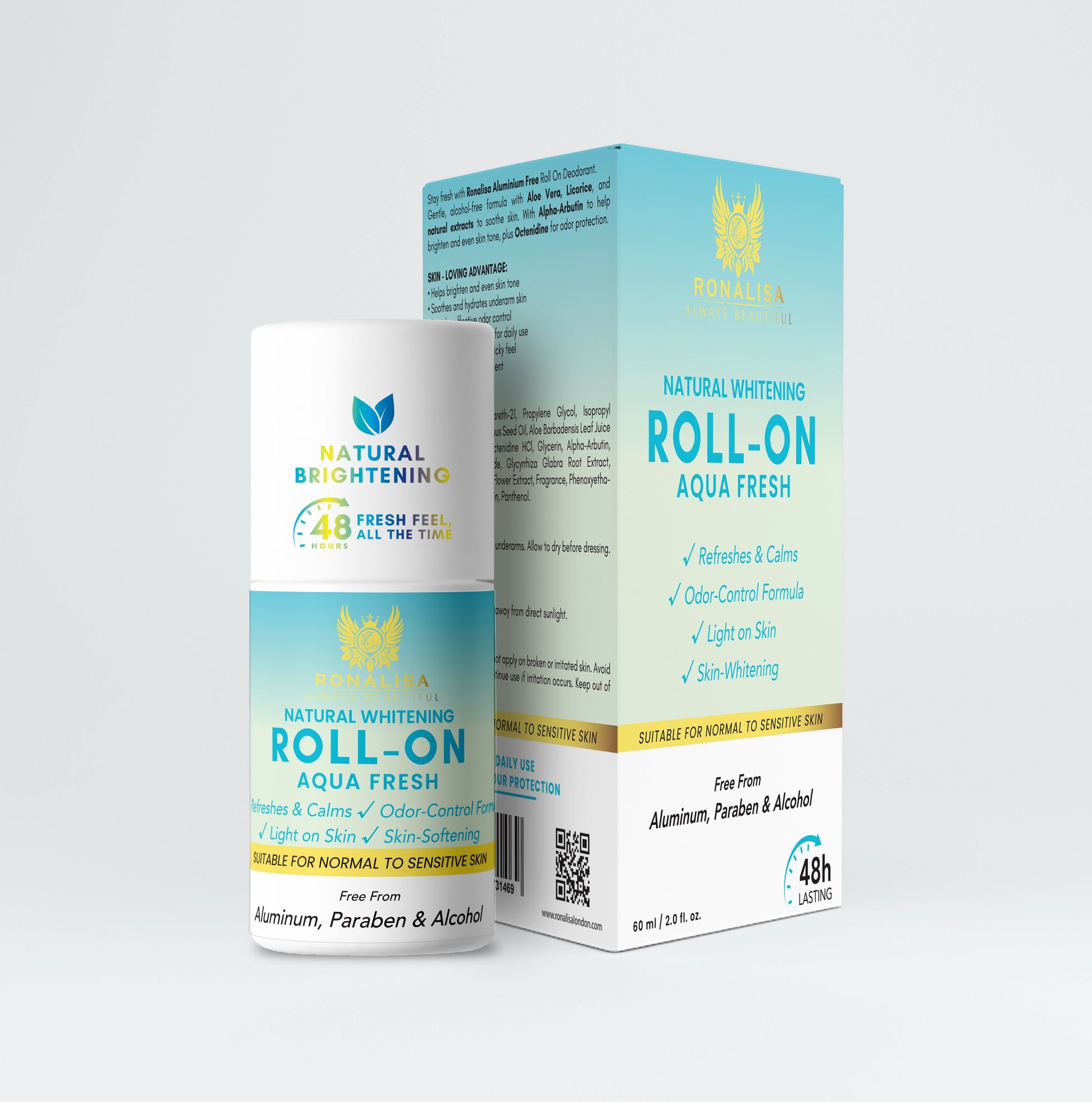 Aqua Fresh Whitening Roll-On with Alpha Arbutin and Licorice for underarm dark spot reduction and long-lasting freshness
