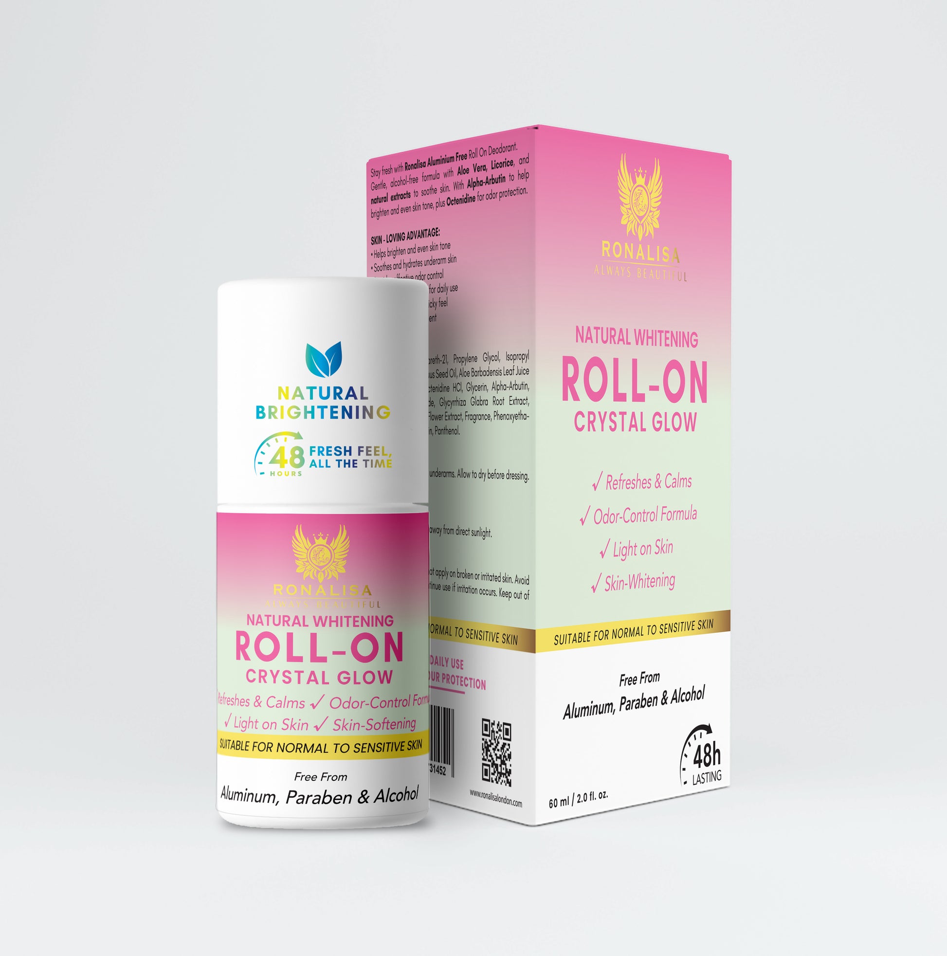 Ronalisa Crystal Glow Whitening Roll-On deodorant for dark underarms, inner thighs, elbows and knees with brightening ingredients