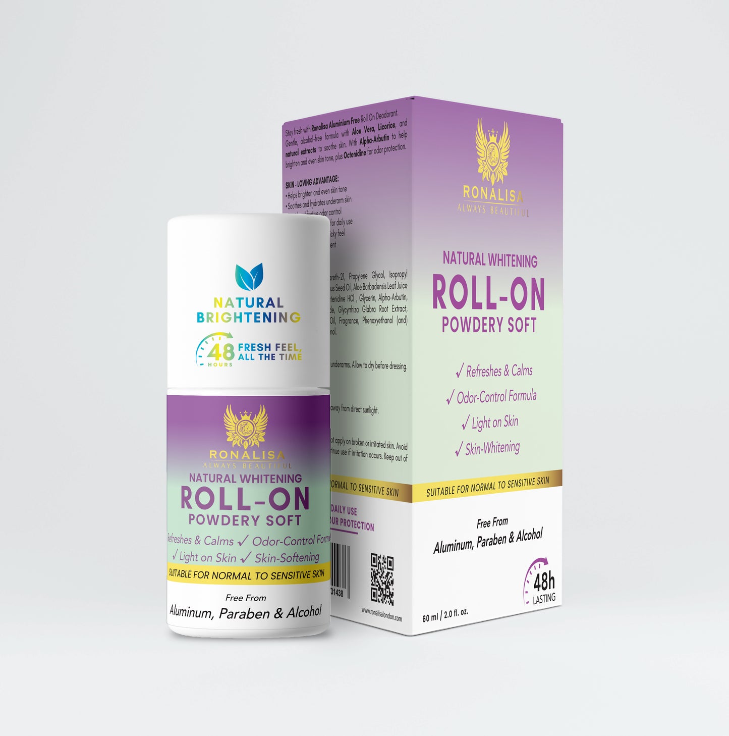 Ronalisa Powdery Whitening Deo roll-on brightening deodorant with Alpha Arbutin and Licorice Root Extract for dark underarms