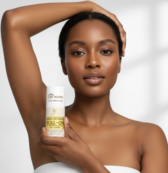 Woman applying Ronalisa Herbal Roll-On deodorant on underarm – natural herbal roll-on for fresh, odor-free skin