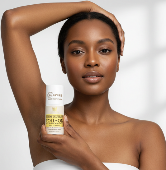 Woman applying Ronalisa Herbal Roll-On deodorant on underarm – natural herbal roll-on for fresh, odor-free skin