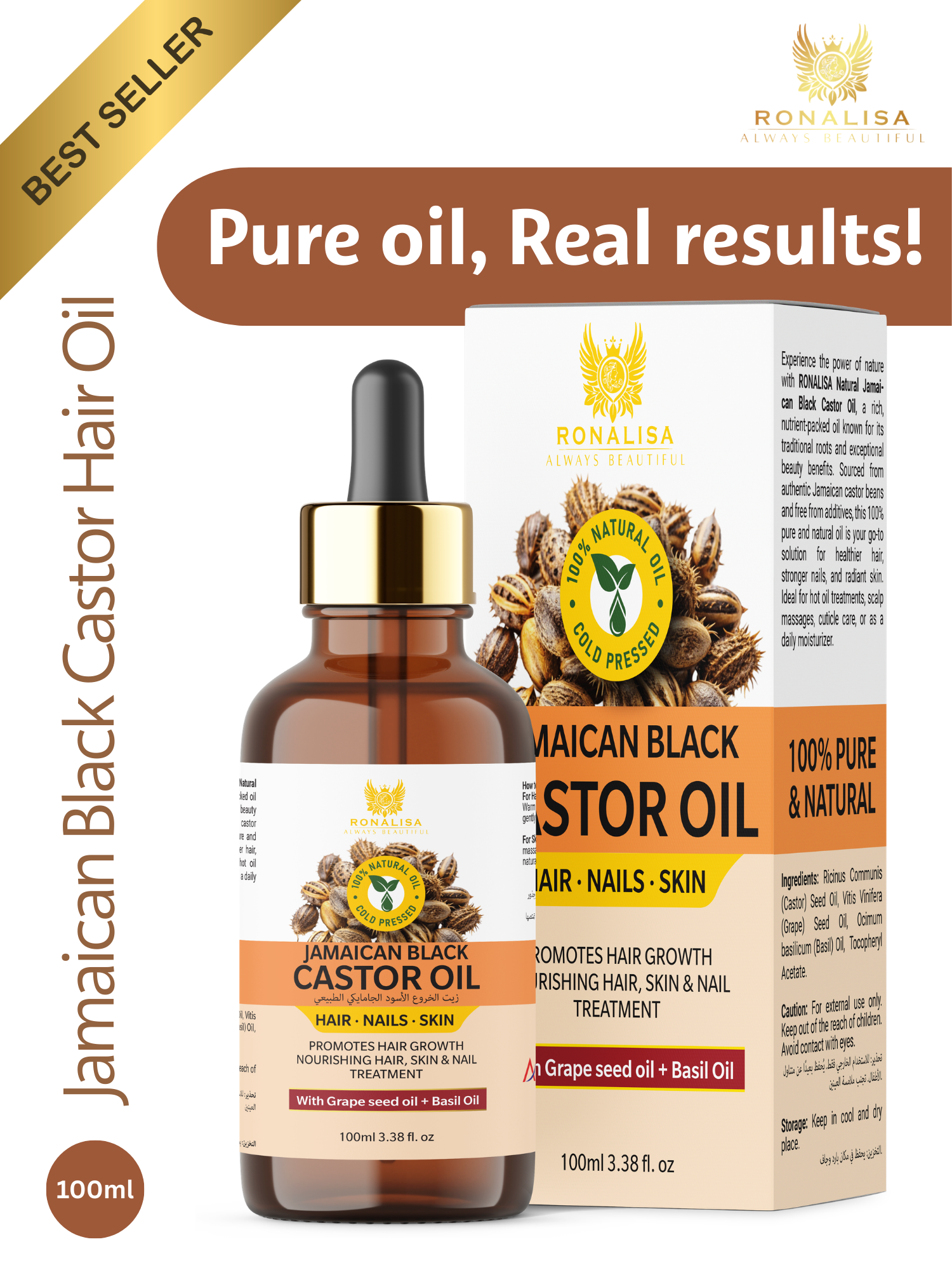 Ronalisa Jamaican Black Castor Oil 100ml for hair growth, scalp nourishment and multi-purpose beauty oil for hair, skin and nails