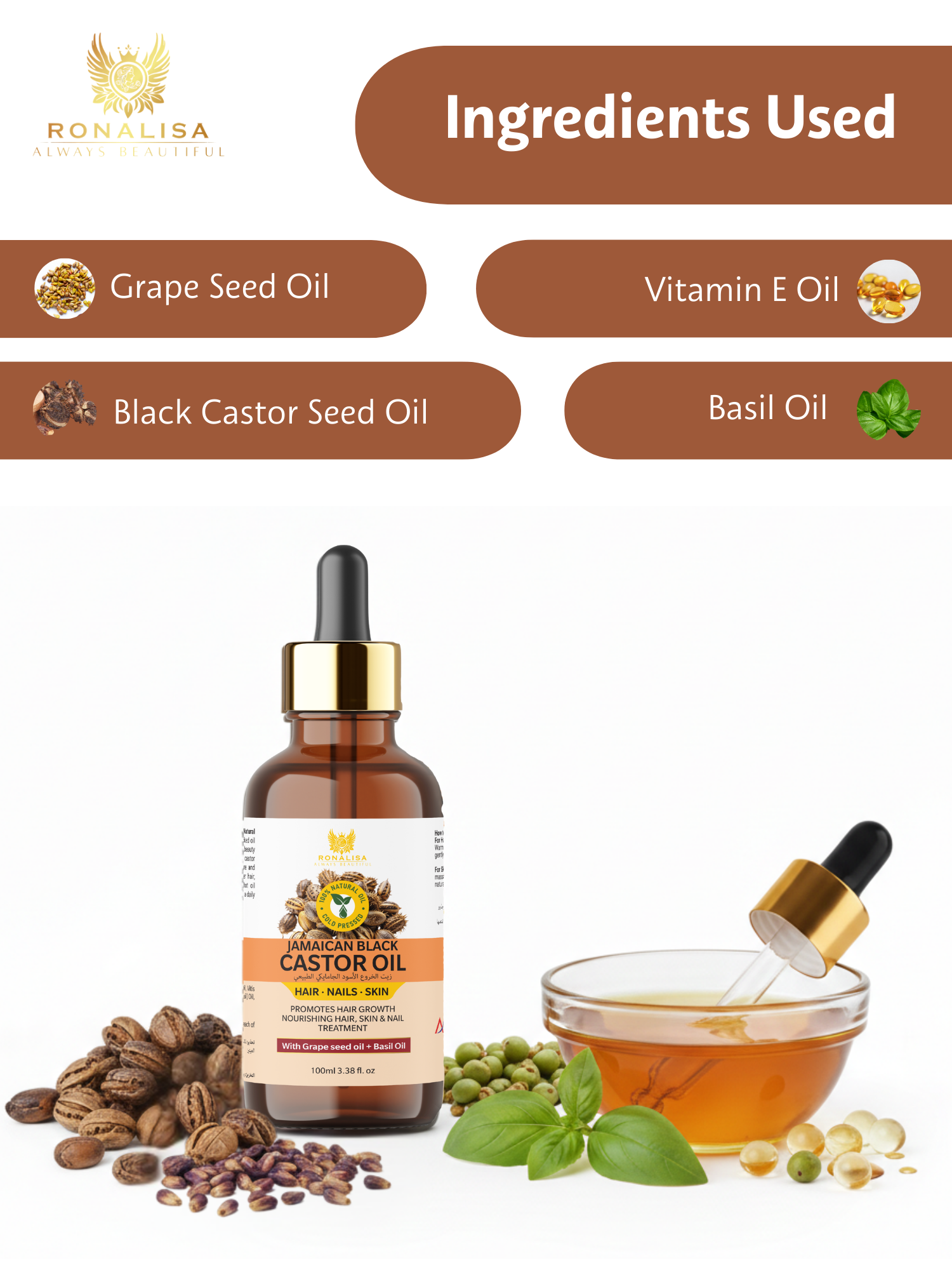 Jamaican Black Castor Oil ingredients including castor oil, grapeseed oil and basil oil for hair growth and scalp care