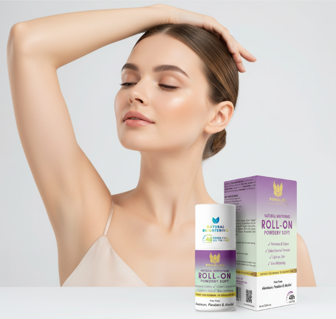 Woman showing smooth underarms while holding Ronalisa Powdery Whitening Deo brightening roll-on for dark underarms
