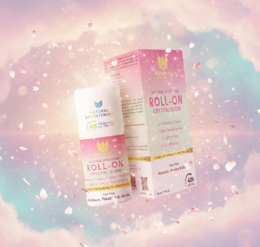 Crystal Glow Whitening Roll-On by Ronalisa with Alpha Arbutin and Licorice for dark underarms, showcased on dreamy pink cloud backdrop