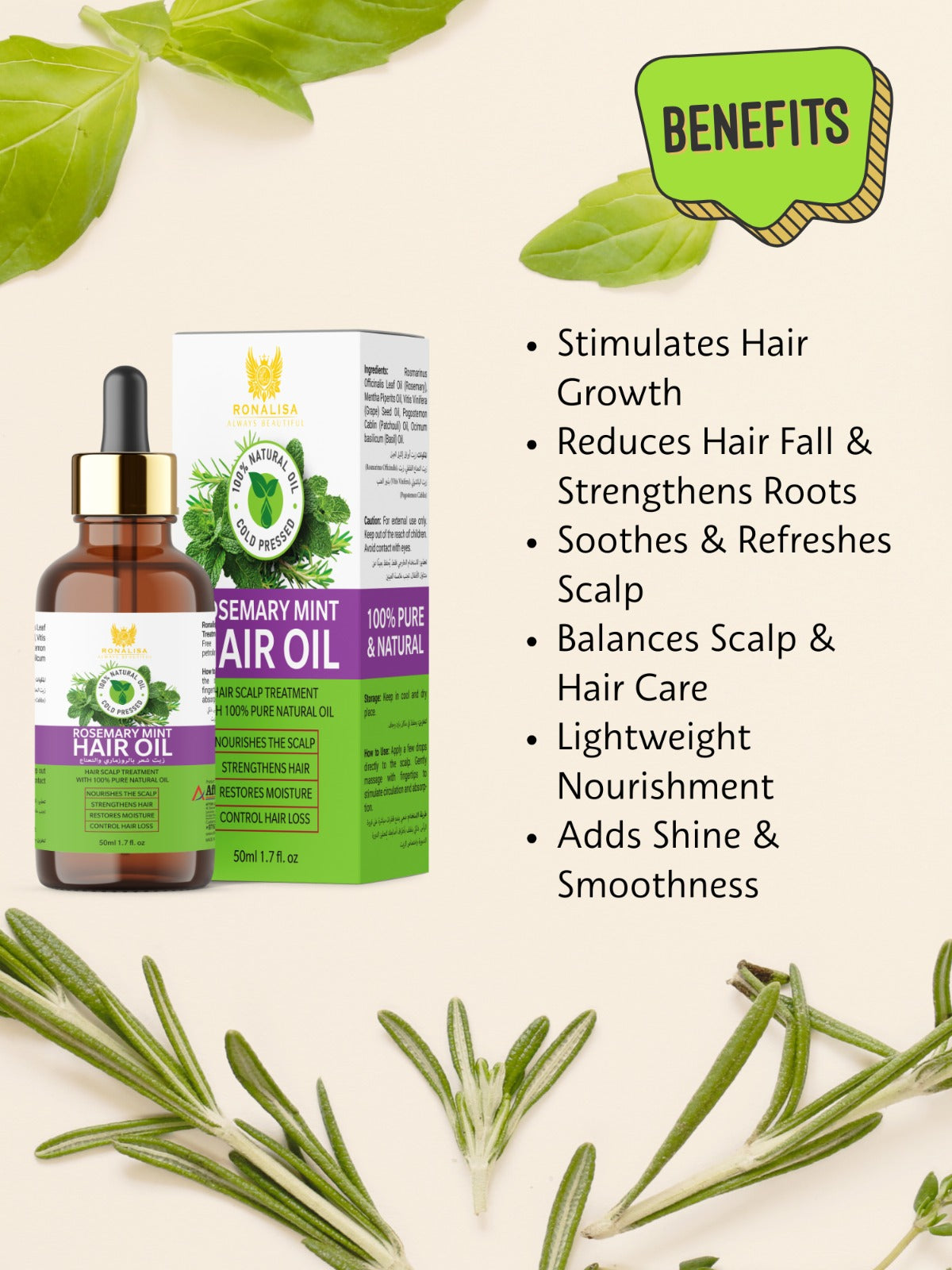 Rosemary Mint Hair Oil with Grape Seed Oil, Patchouli Oil, Basil oil for hair growth, scalp nourishment, strengthening roots and reducing hair fall