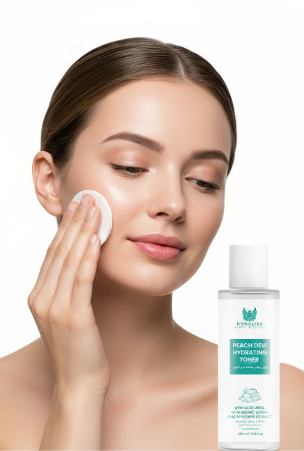 Woman applying Ronalisa Peach Dew Hydrating Toner to face
