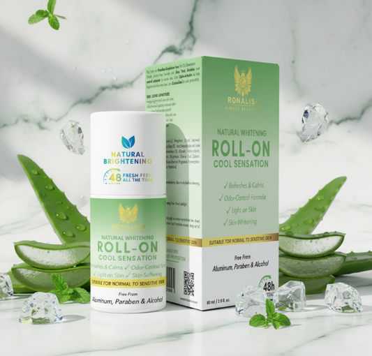 Cooling natural whitening roll-on surrounded by aloe vera, mint, and ice elements